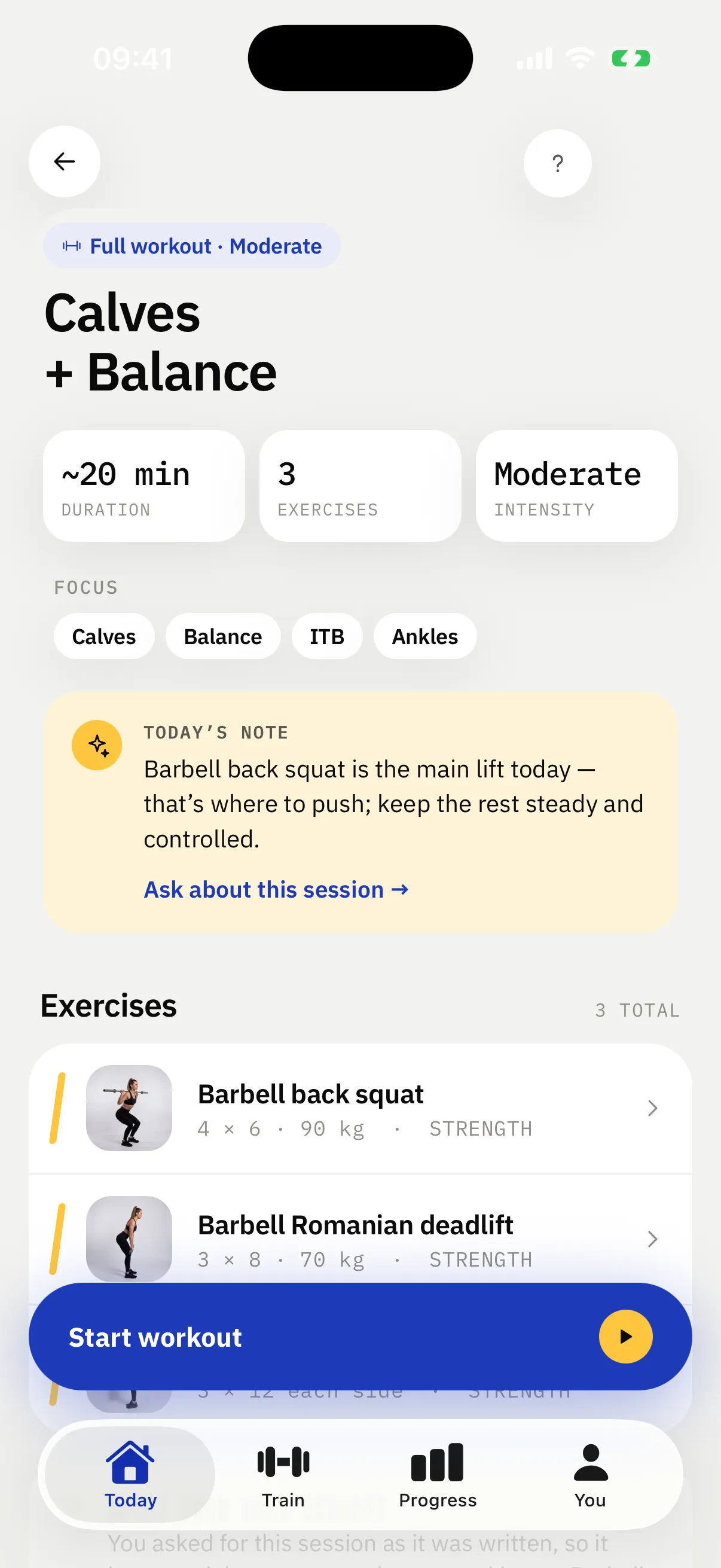 Workout detail: stats, focus pills, today’s note and the exercise list.