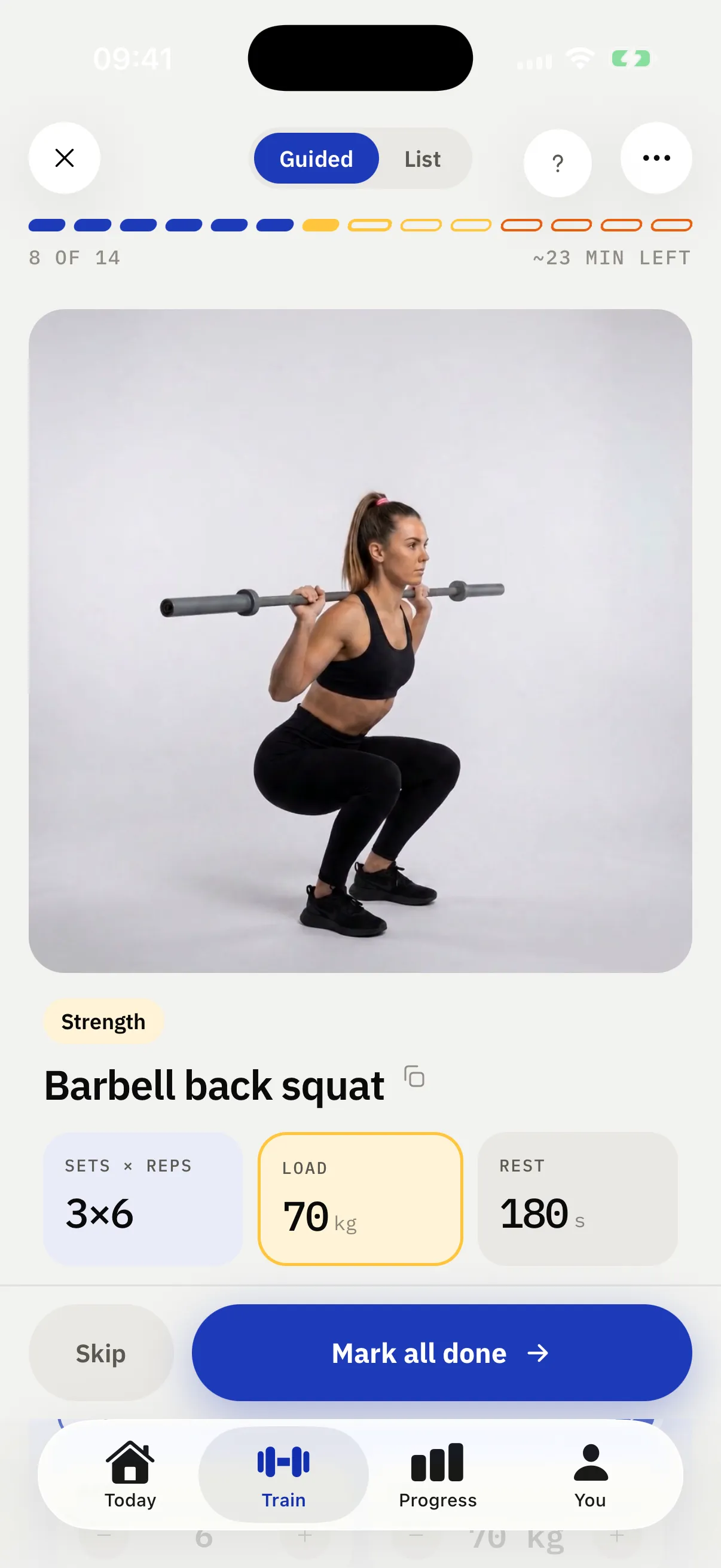 The guided player: barbell back squat with sets, reps, load and rest.