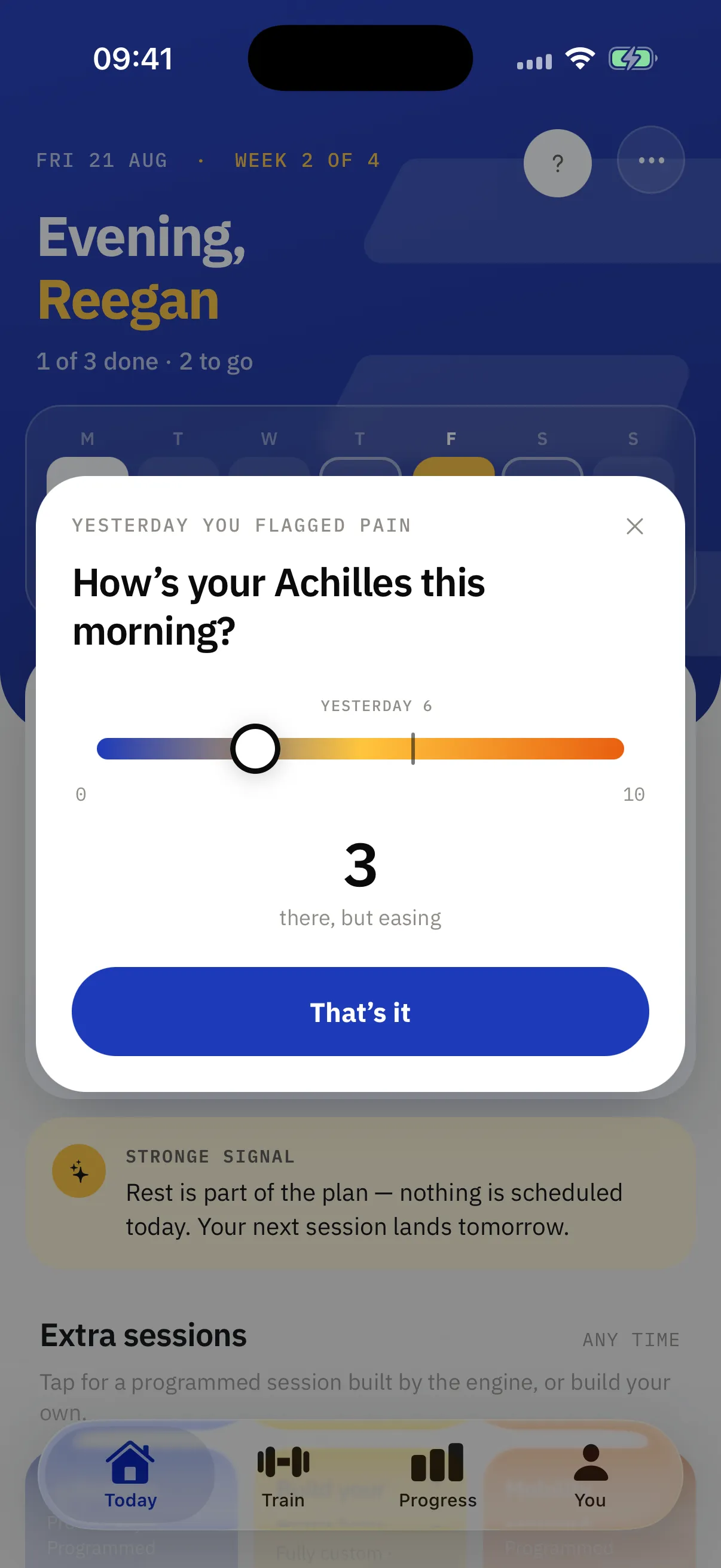 The morning check-in: how’s your Achilles this morning, with yesterday’s 6 marked on the scale and today at 3.