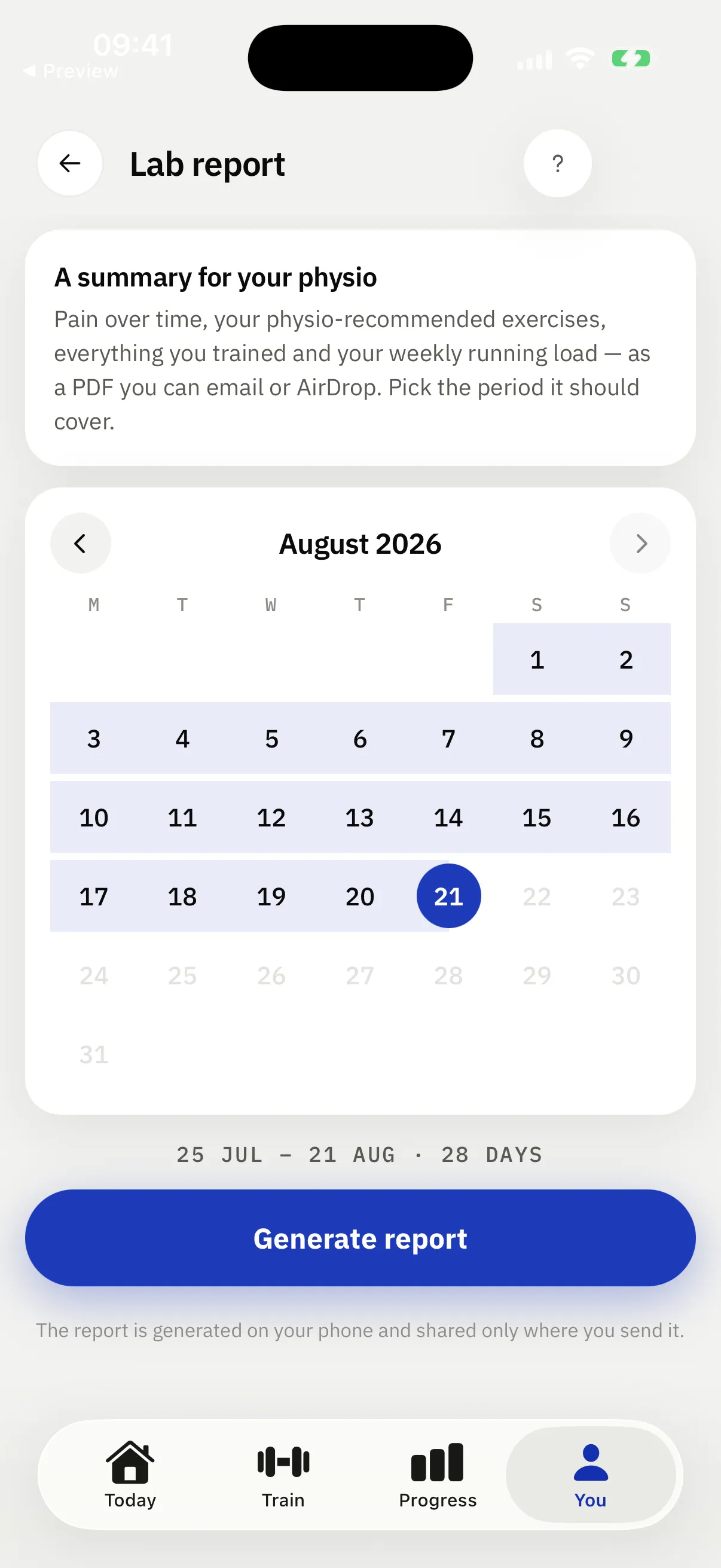 The Stronge lab report: a summary for your physio, with a calendar picking the period it covers.