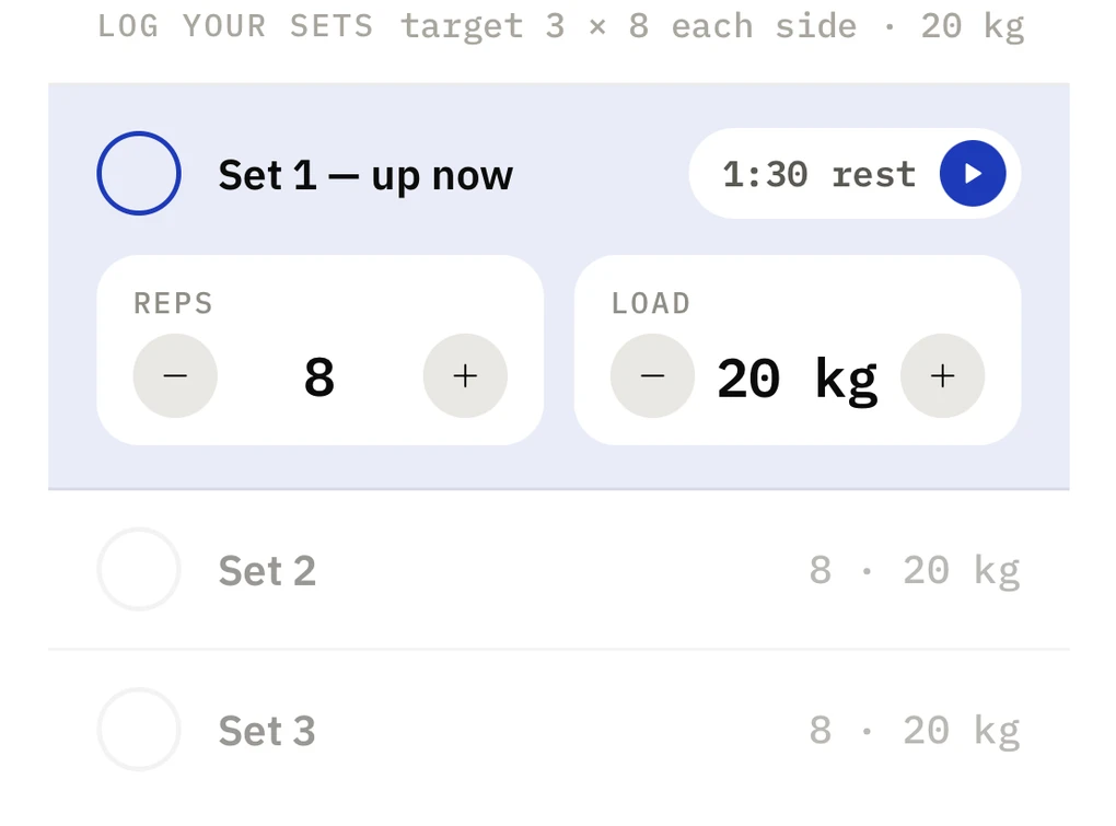 The Stronge set ledger: set 1 up now with rep and load steppers at 8 reps and 20 kg, a 1:30 rest timer, and sets 2 and 3 still to do.