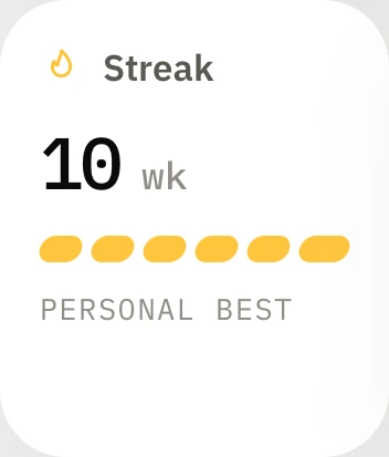 Stronge's progress tiles: a 10-week training streak, a personal best.
