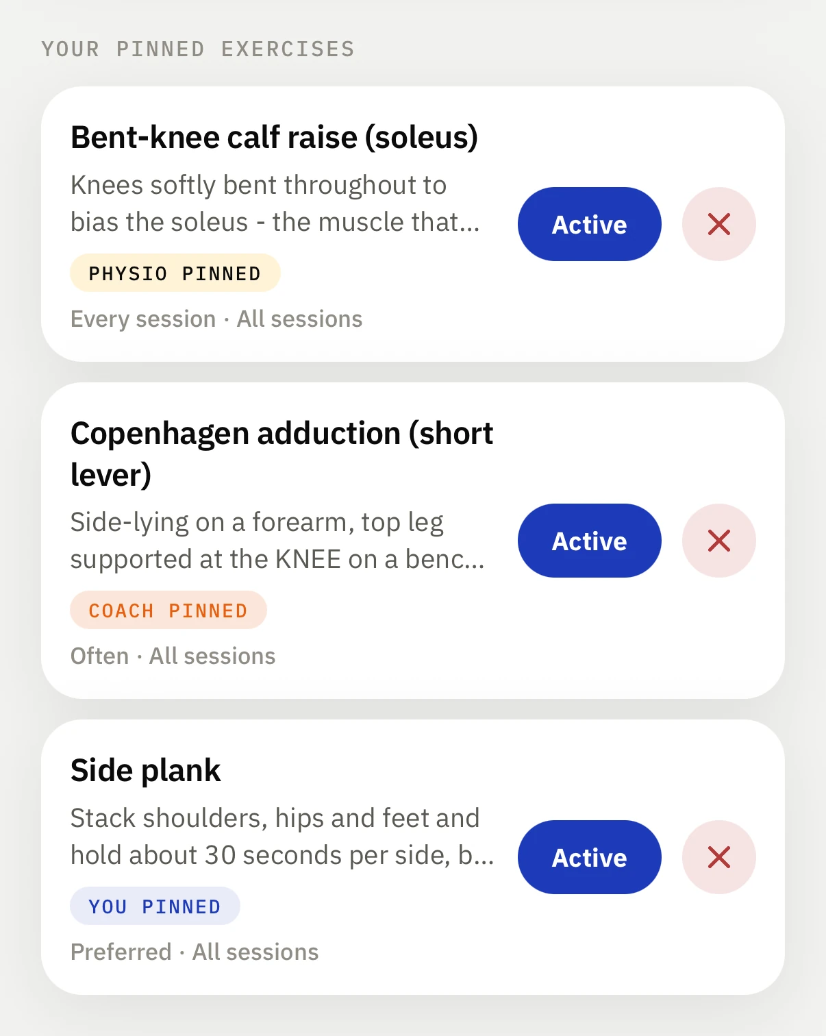 Stronge's pinned exercises: a bent-knee calf raise pinned by a physio for every session, a Copenhagen adduction pinned by a coach as often, and a side plank the athlete pinned as preferred.