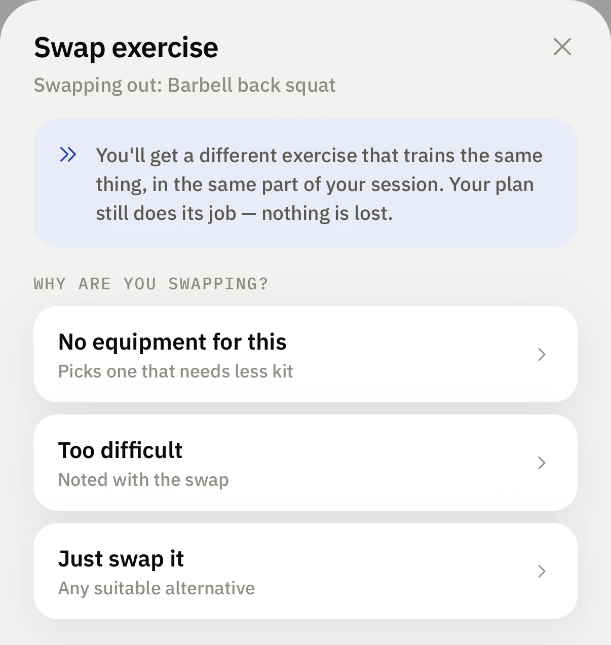 The Stronge swap sheet: swapping out a barbell back squat, with three reasons to choose from: no equipment for this, too difficult, or just swap it.