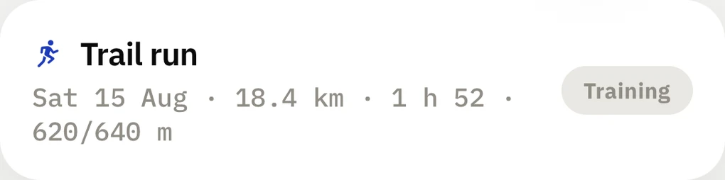 The Stronge Activity screen showing a trail run: Sat 15 Aug, 18.4 km, 1 h 52, 620/640 m climb and descent, tagged Training.